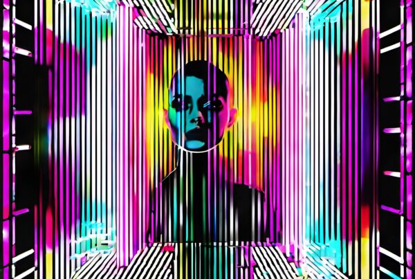 Silhouetted figure amidst vibrant, colorful light patterns in a cyberpunk, futuristic setting.