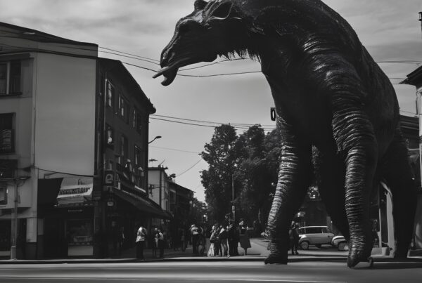 Black and white image of giant surreal creature towering over urban street with onlookers.