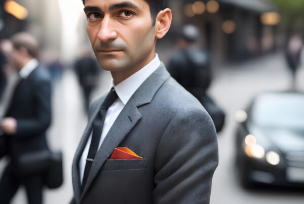 A man in a gray suit stands on a bustling city street with a serious expression.