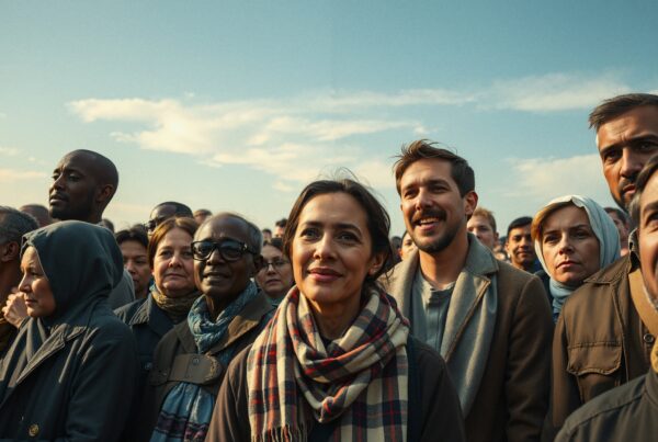 A diverse group gathered outdoors under a clear sky.