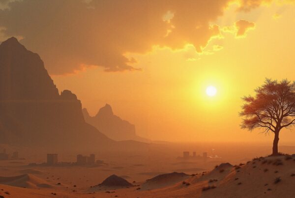 Desert sunset with golden sky, silhouetted tree, and distant mountains.