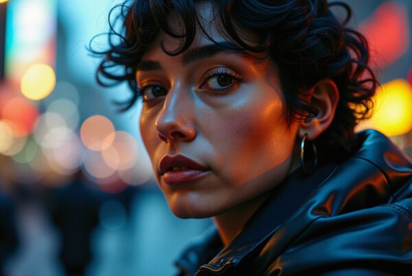 Close-up portrait with city lights reflecting on face at night.