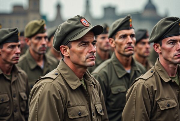 A group of soldiers stands in formation, showcasing discipline and unity in their military uniforms.
