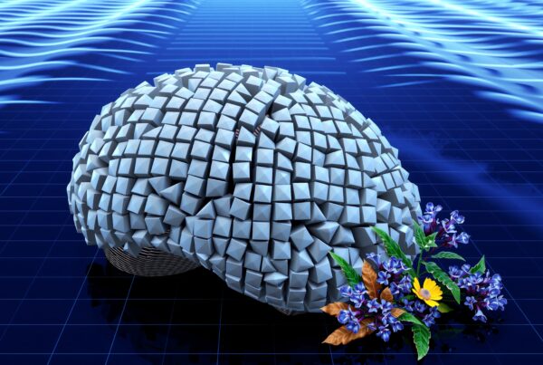 Futuristic 3D brain with flowers, symbolizing nature and technology integration on a digital grid.