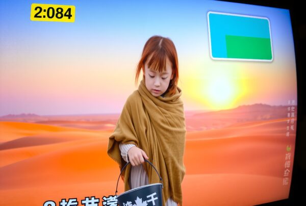 A young girl in a shawl gazes at a bucket in a desert at sunset.