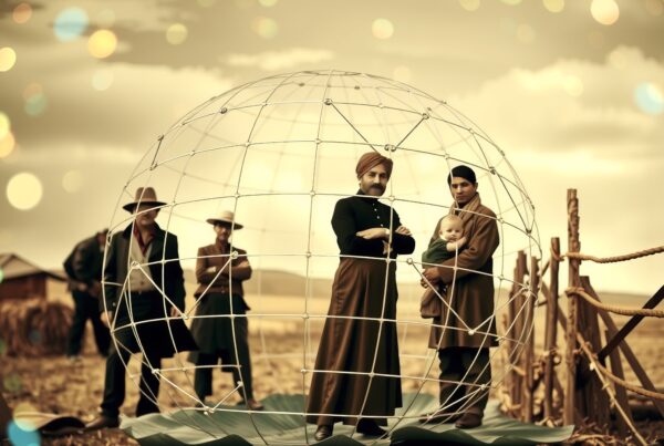 A diverse group stands in a wire globe on a leaf, creating a surreal scene.