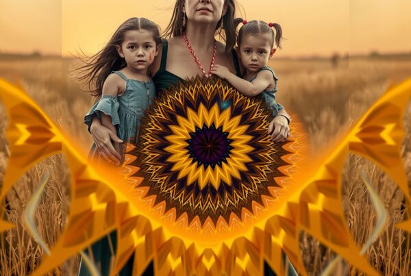 A woman and two children stand in a wheat field with a kaleidoscopic sunflower design in foreground.