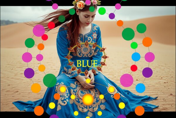 A woman in a blue embroidered dress sits in a desert, surrounded by colorful orbs and a floral crown.