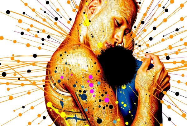 A richly textured digital artwork depicts a person with vibrant, abstract patterns and colors, surrounded by dynamic radial lines.