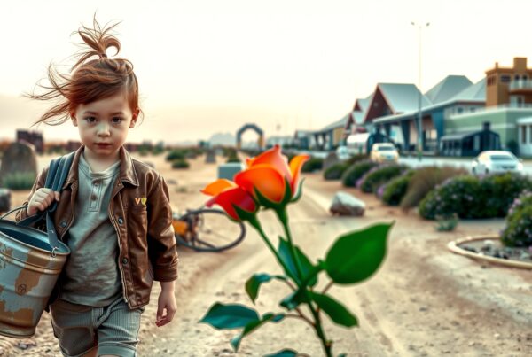 A young child walks down a dusty road, holding a bucket, with an orange flower in the foreground and rural houses lining the street.