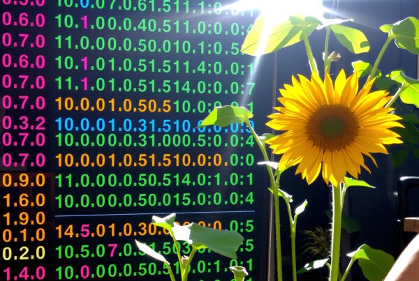 A sunflower set against a colorful digital display with numerical sequences, highlighting the blend of nature and technology.