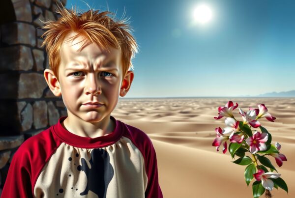A young boy stands by flowers in a sunlit desert landscape, exuding contrast.