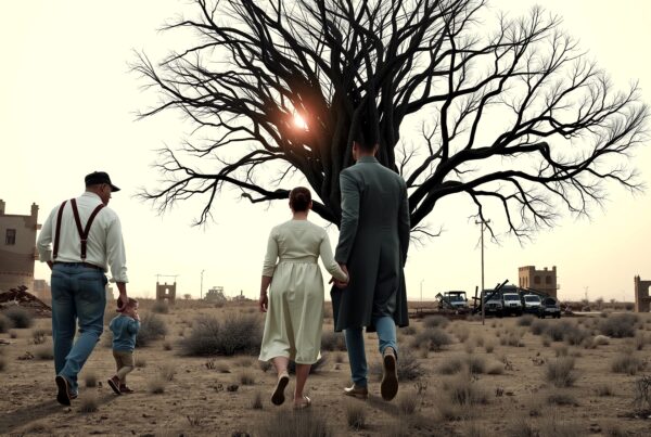 A family walks through a barren desert landscape toward a leafless tree, symbolizing hope amid desolation.
