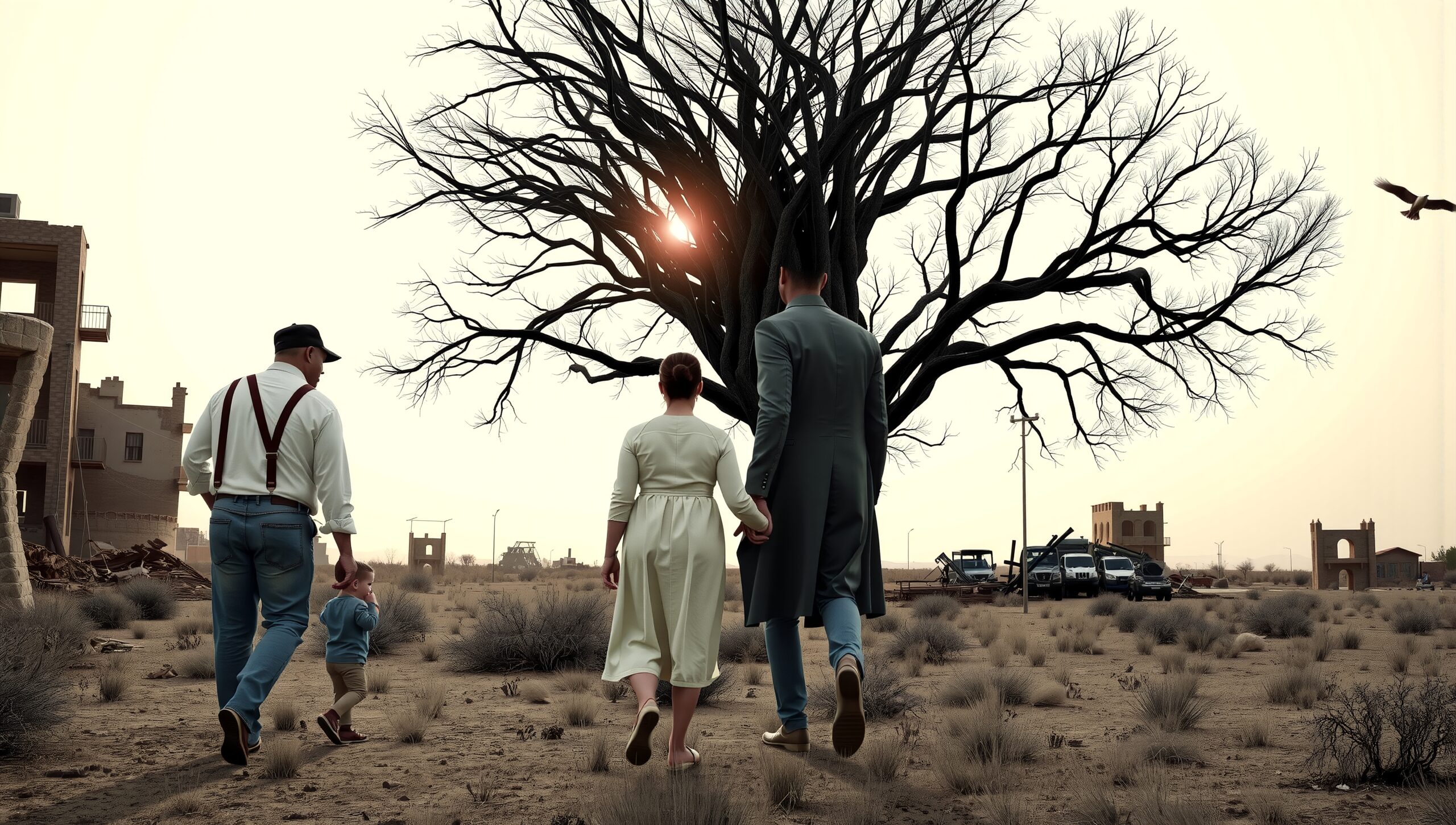 Family Walking in Deserted Landscape