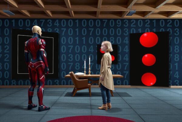 A young girl and a humanoid in a digital-themed room.