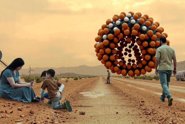 A futuristic spherical object hovers in a desert landscape with people nearby, evoking curiosity and adventure.
