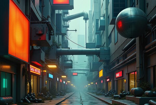 An atmospheric scene of a neon-lit, futuristic alleyway with fog, vibrant signs, and urban architecture.