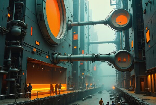Futuristic industrial cityscape with orange glowing portals.