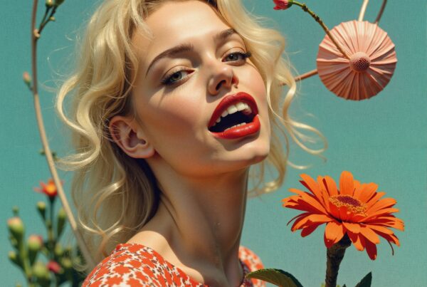 A smiling woman in a floral dress surrounded by colorful flowers under a clear blue sky.