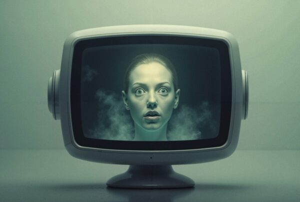 A vintage television displays a haunting face glowing green with smoky effects.