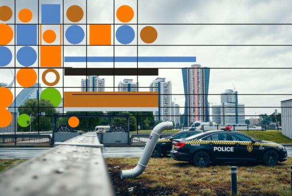 Urban cityscape with police cars and colorful geometric art installation.