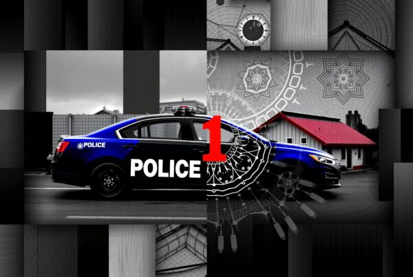 Blue police car with red roof and abstract patterns.