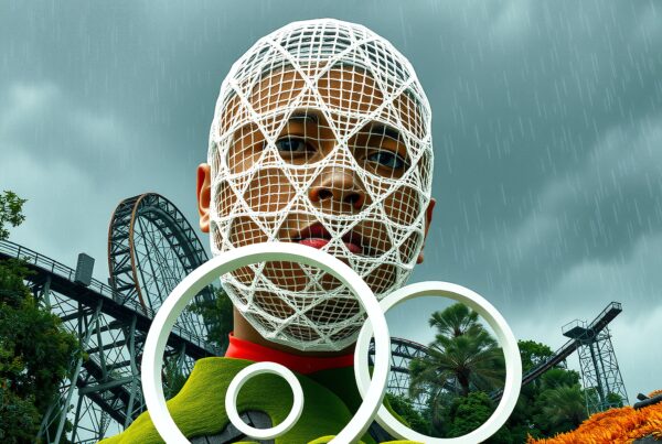 Futuristic figure with netted head in futuristic park.