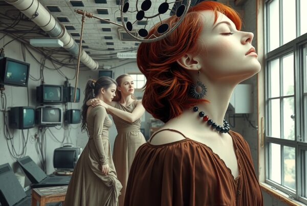 A red-haired woman in a calm introspective pose, wearing ornate jewelry in an industrial room filled with old TVs.