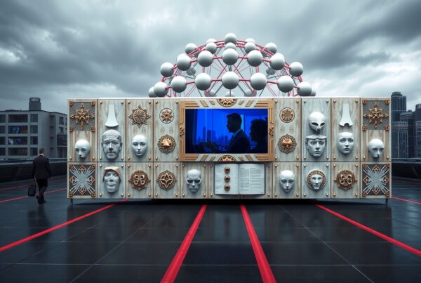 A futuristic art installation with faces and geometric shapes in an urban setting.