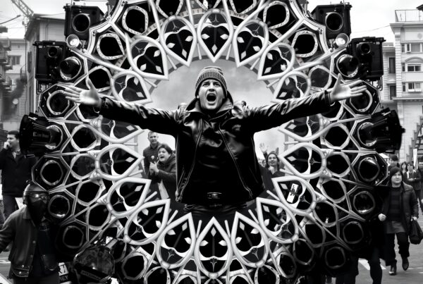 A man in a leather jacket stands passionately in front of a speaker circle during an urban rally.