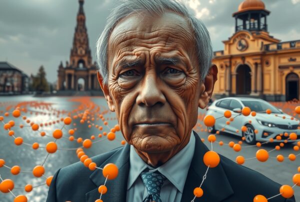 A distinguished man surrounded by orange spheres in front of a historic building with a modern car parked nearby.