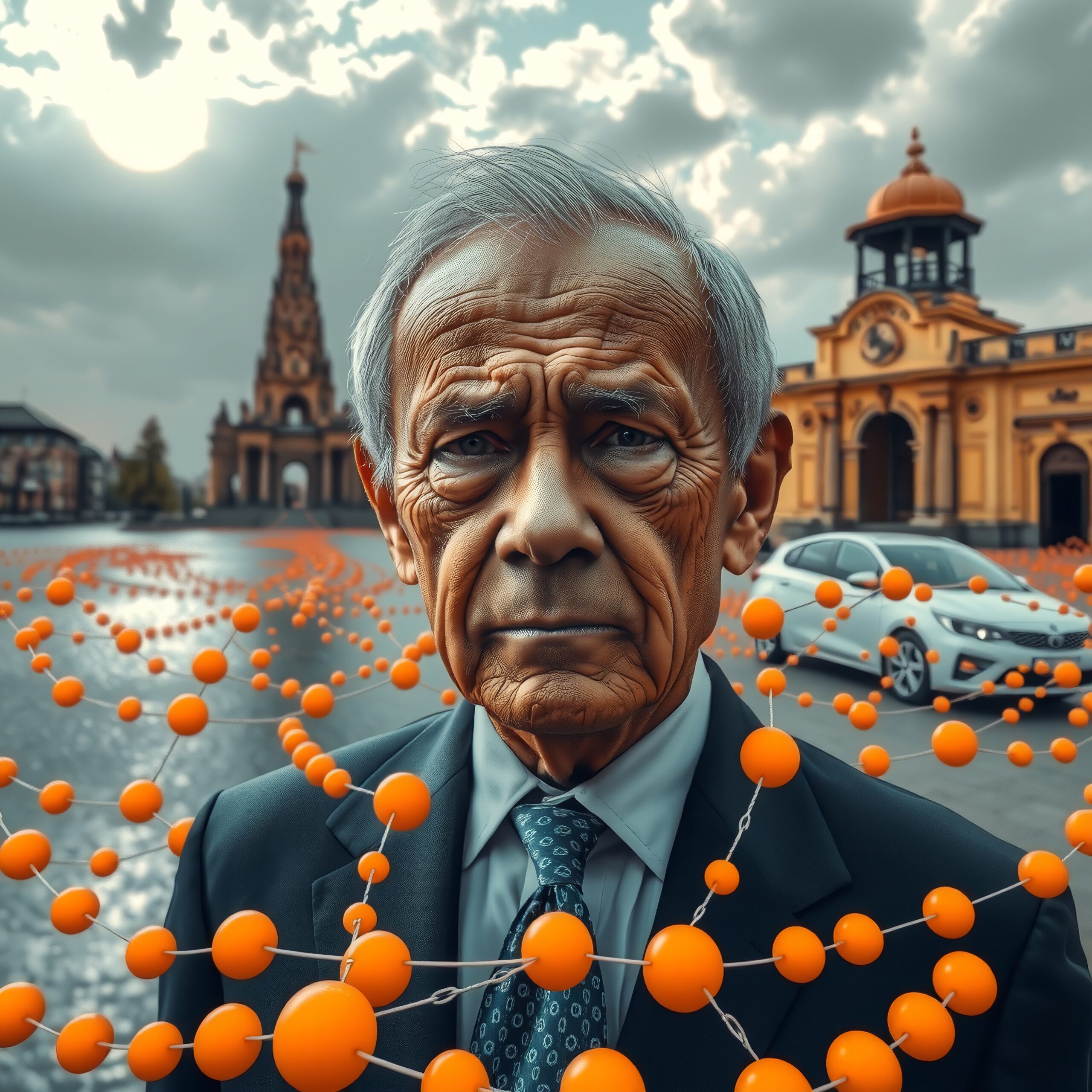 Man Encircled by Orange Spheres