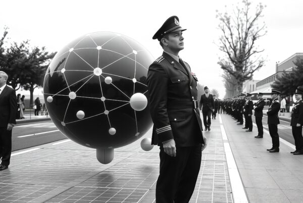 Image of a military parade with a network-like sphere structure in a solemn, formal setting.