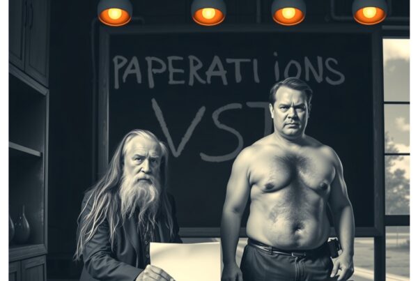 A bearded man sits in a surreal office next to a shirtless man, illuminated by orange lamps.