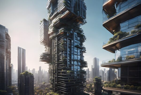 Futuristic skyscraper with integrated greenery in city.