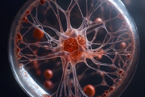 A close-up view of a neural network-like structure with red spheres encased in a translucent web within a sphere.