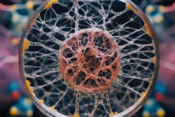 A close-up view of a petri dish displaying a complex network of web-like filaments, with yellow clusters and a blurred scientific environment.