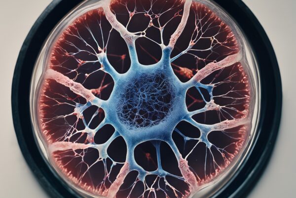 Detailed abstract pattern with intricate blue and red branching formations resembling biological or neural networks encased in a circular frame.