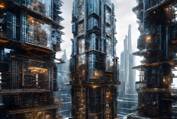 Futuristic skyscrapers in a glass cityscape with interconnected towers.