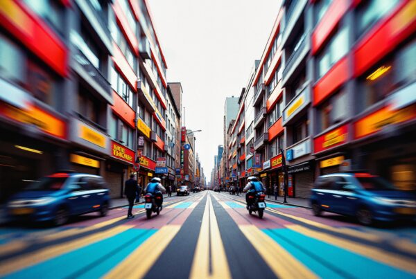 A vibrant urban street with colorful buildings, motorcyclists, and dynamic architecture conveys energy and movement.
