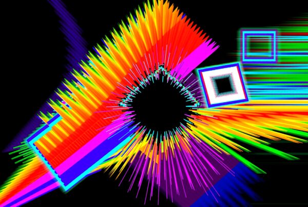 Abstract digital artwork with vibrant colors radiating from a central black void, featuring geometric shapes.