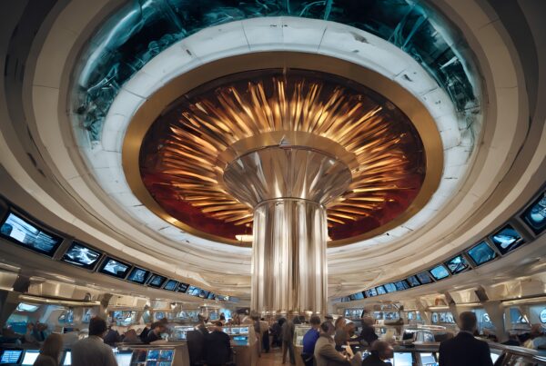 Futuristic control room with central turbine and active workstations.