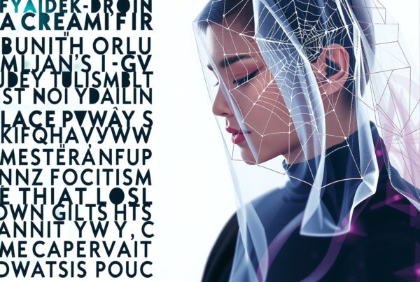 A futuristic portrait of a woman with a spider web veil and abstract letters.