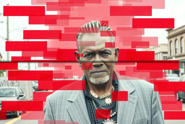 Portrait of stylish man with digital red glitch effect on urban street.