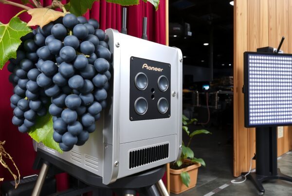 Close-up image of grapes adjacent to advanced technology in a research setting.