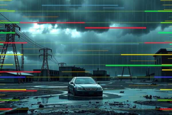 Lone car under dark stormy sky with colorful light streaks.