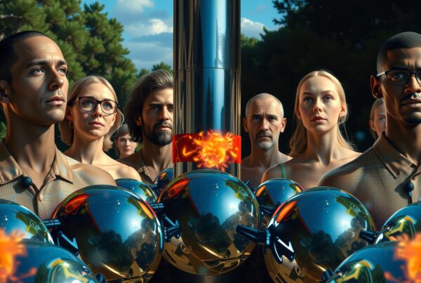 A diverse group gathers outdoors around a reflective metallic structure, exploring technology and nature.