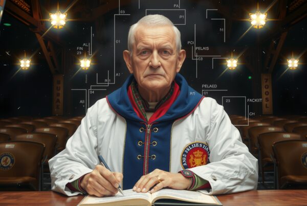 Elderly man in academic attire writing in an empty auditorium.