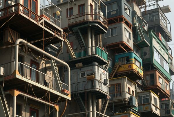 Stacked architectural structure with colorful container units and dynamic urban design.