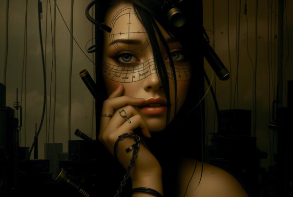 Futuristic woman's portrait with technological elements.